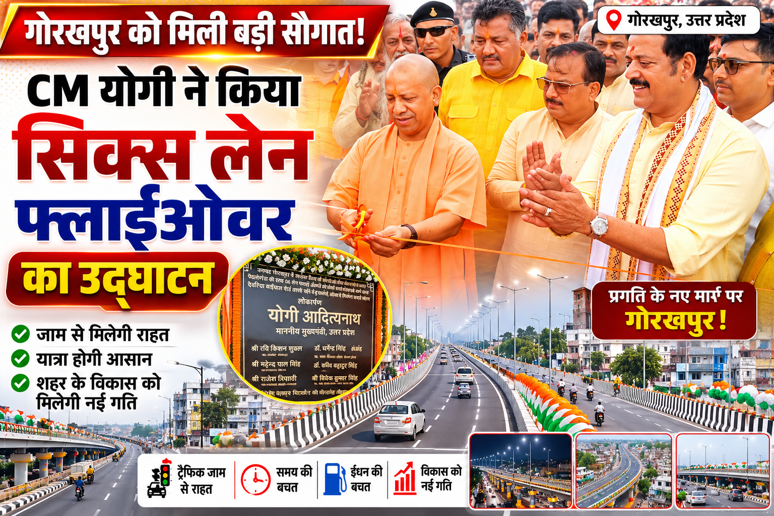 मुख्यमंत्री योगी आदित्यनाथ ने किया गोरखपुर सिक्स लेन फ्लाईओवर का उद्घाटन  जाम से मिलेगी राहत, शहर के विकास और यातायात को मिलेगी नई गति
